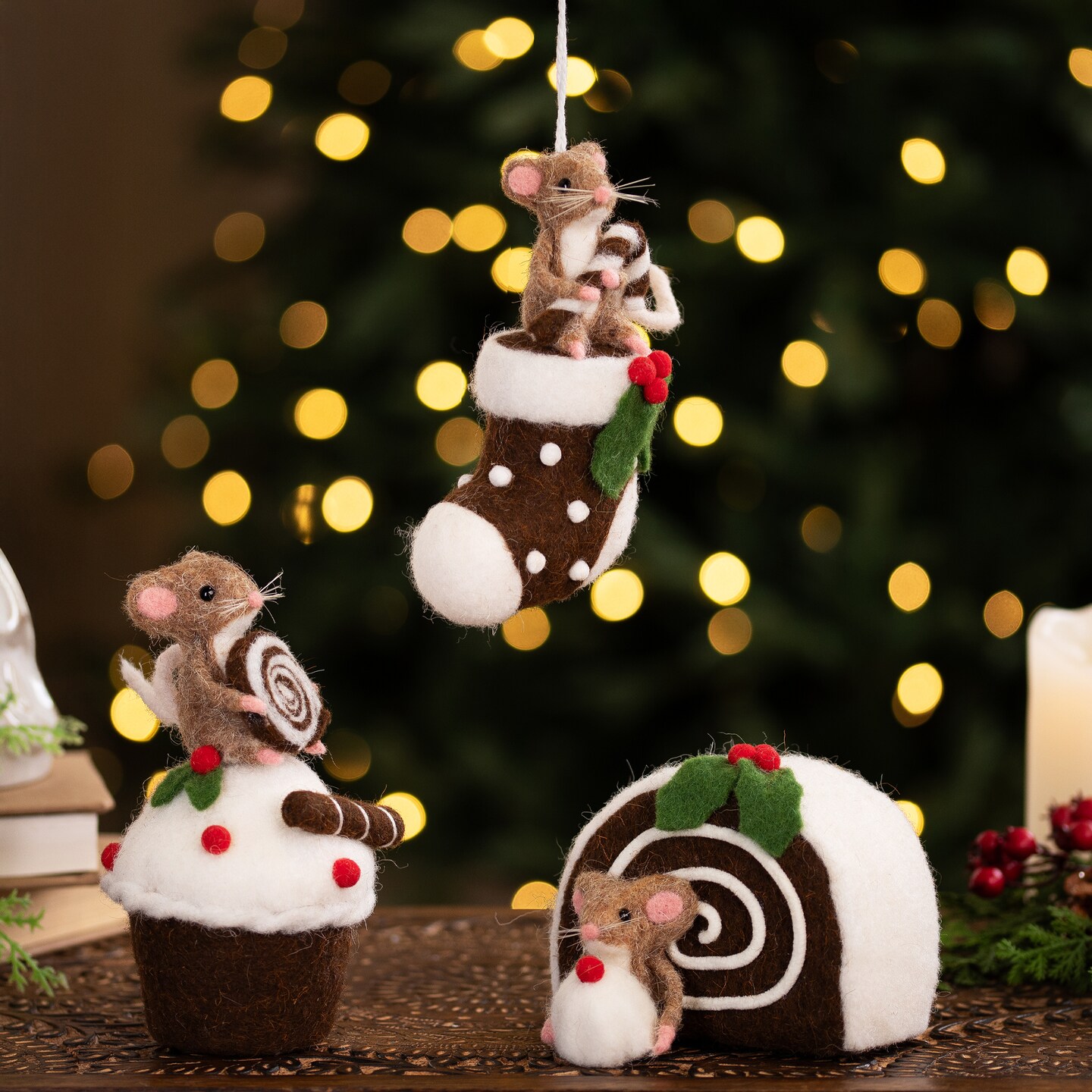 Northlight Mice with Cake and Candies Christmas Decorations - 7" - Brown and White - Set of 3