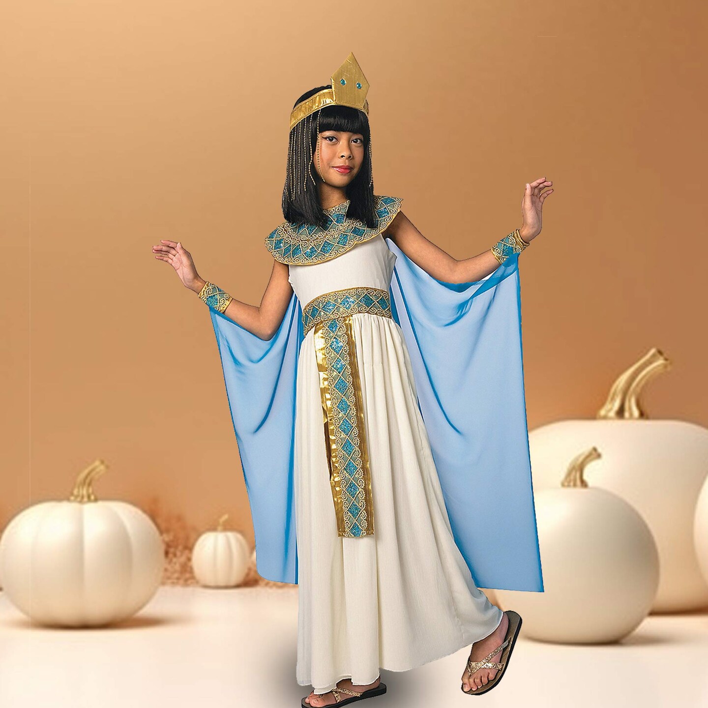 Girls Cleopatra Costume with Long Dress Sequin Belt Collar Wrist Cuffs and Headpiece