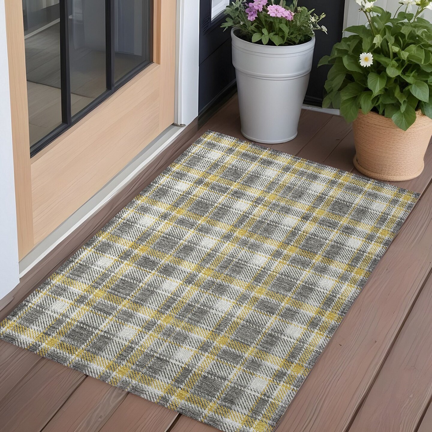 Edge Collections - 3' x 5' - Gray - Stain Resistant Plaid Area Rug for Indoor and Outdoor Use - 1 Piece