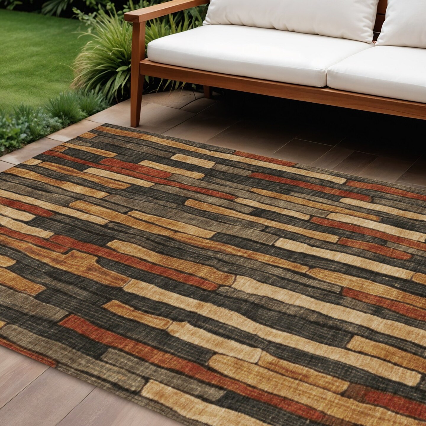 Edge Collections - 9' x 12' - Brown - Durable Washable Indoor Outdoor Striped Area Rug - 1 Piece