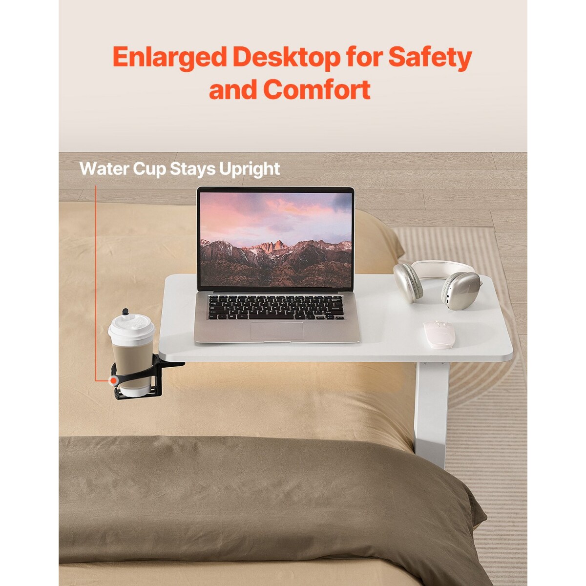 Overbed Table with Hidden Wheels, Height Adjustable Rolling Desk
