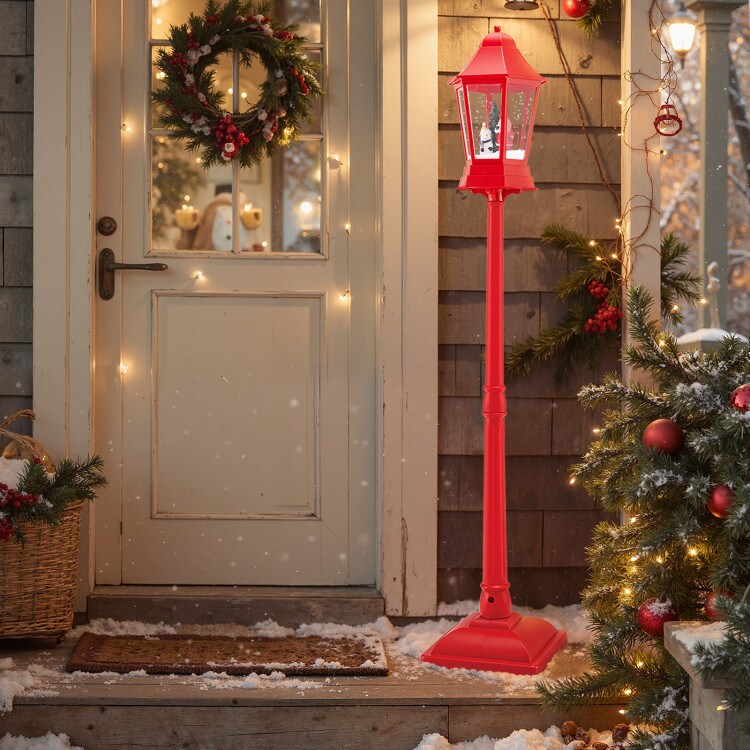 Red LED Christmas Street Lamp with Snow Globe Lantern and Santa Snowman Scene, Music