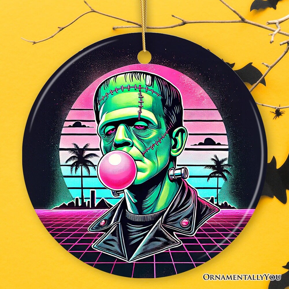 Vaperwave Frankenstein Retro Neon Horror Ornament, Synthwave 80's Styled Classic Halloween Gift and Decor