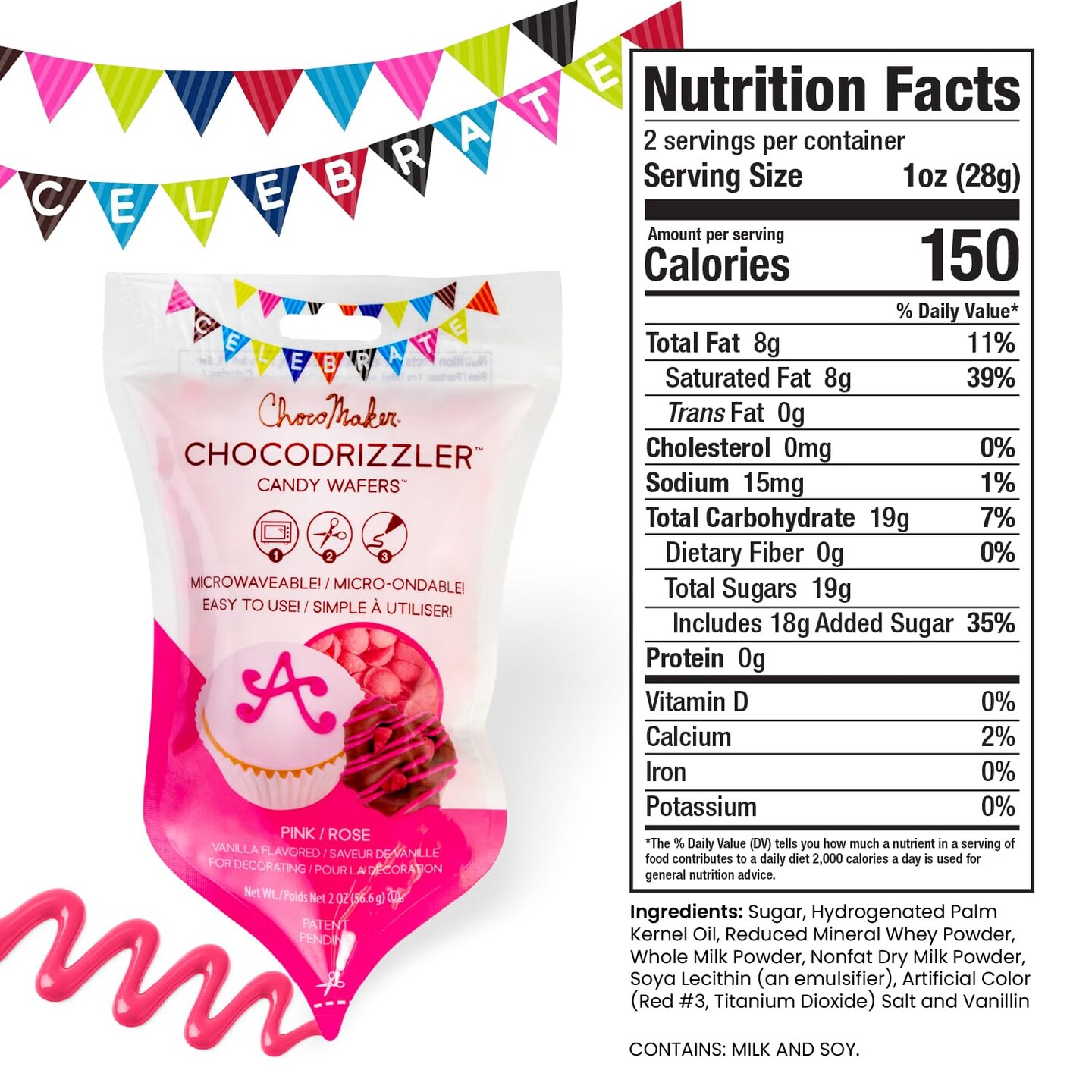 Chocodrizzler Candy Wafers Microwaveable Pouch 2 oz &#x2013; Easy Drizzle Candy Coating Pink