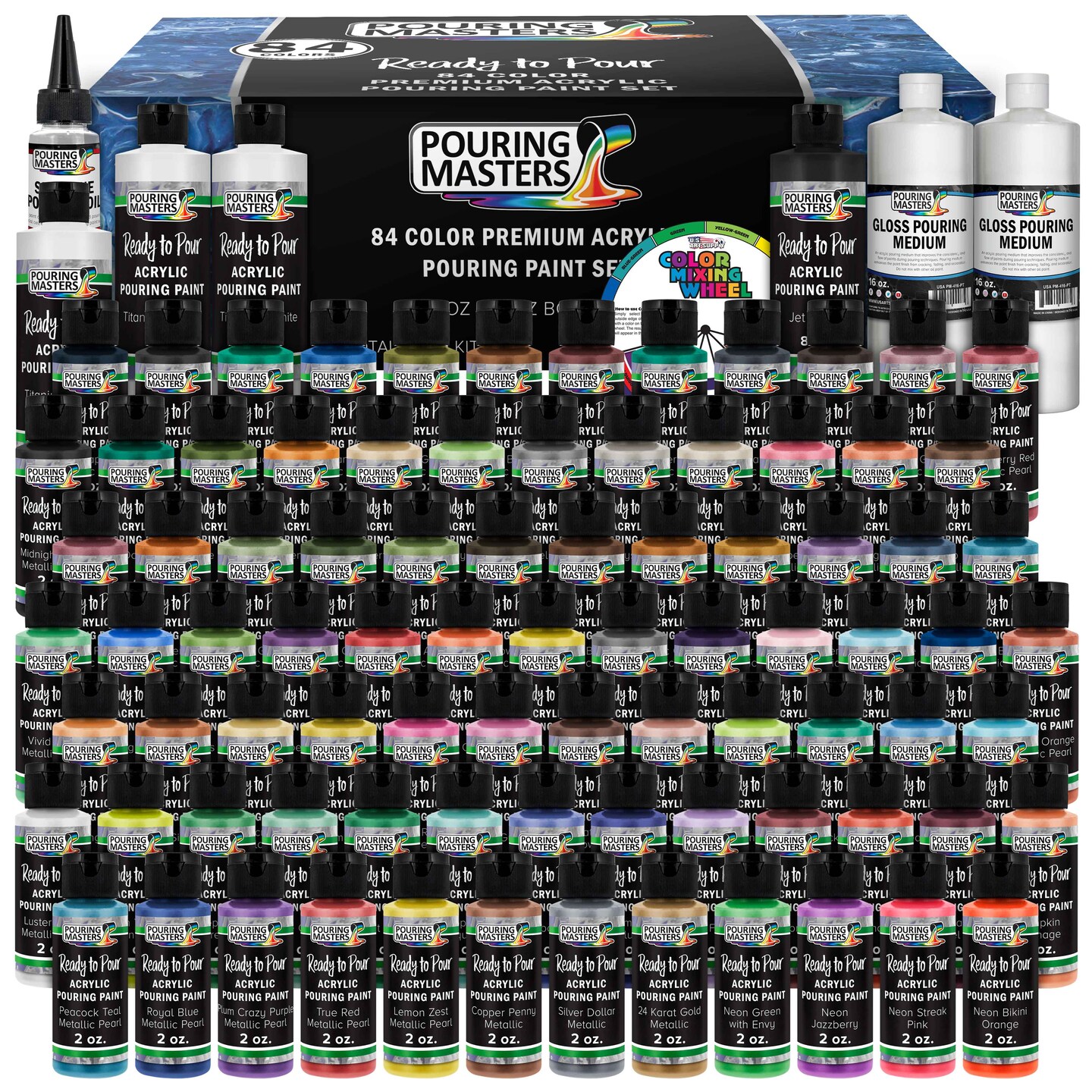 84 Color Metallic Ready to Pour Acrylic Pouring Paint Set, 2oz Bottles, Acrylic Paint Pour Supplies - Silicone Oil &#x26; Gloss Medium, Premium Pre-Mixed High Flow 8-Ounce Bottles