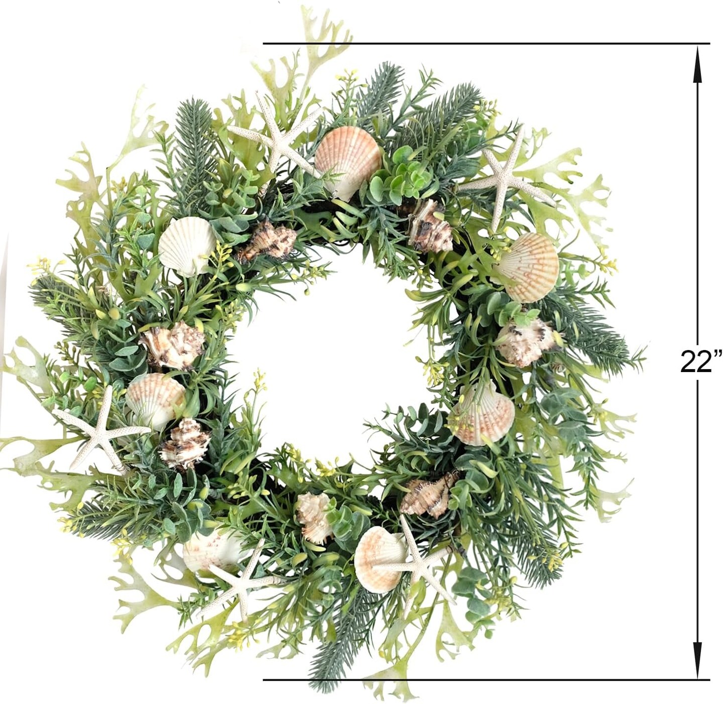 22 Inch Seashell Wreath with Green Leaves – Rustic Farmhouse Coastal Wreath with Starfish and Conch Shells for Front Door, Wedding, and Summer Home Decor