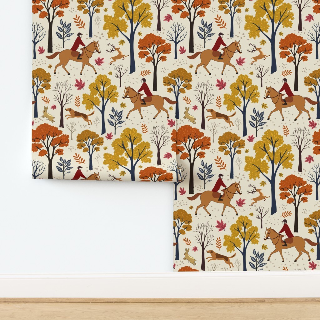 Equestrian Rustic Fox Hunt Horseback Riding Fall Foliage Autumn Woodland Leaves Trees Forest Horses Trail Ride Outdoor Sports Dog Deer Custom Pre-pasted Wallpaper by Spoonflower Pre-Pasted Wallpaper 2FT Wide