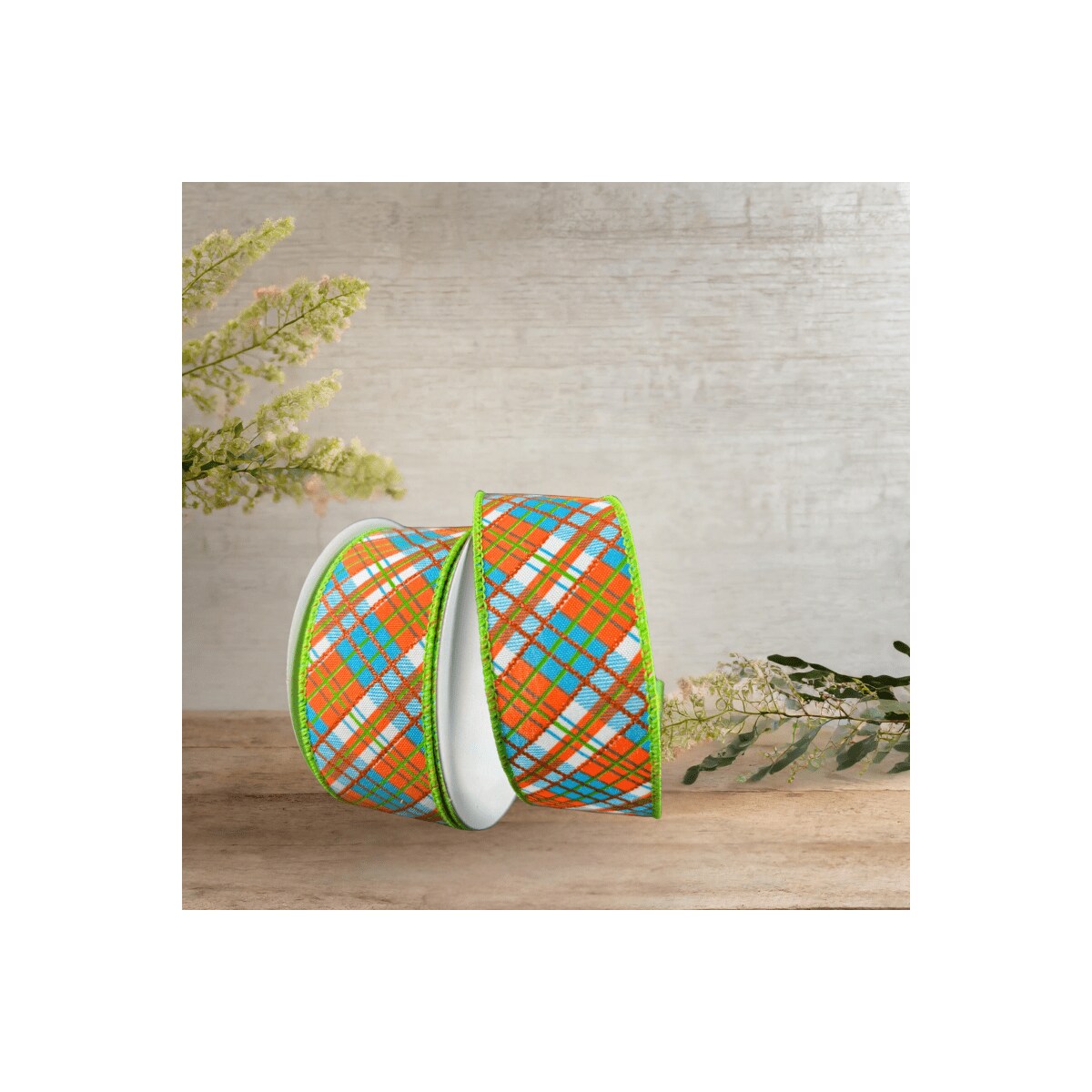1.5&#x22; White Satin Busy Plaid Ribbon: Teal, Lime and Orange (10 Yards)