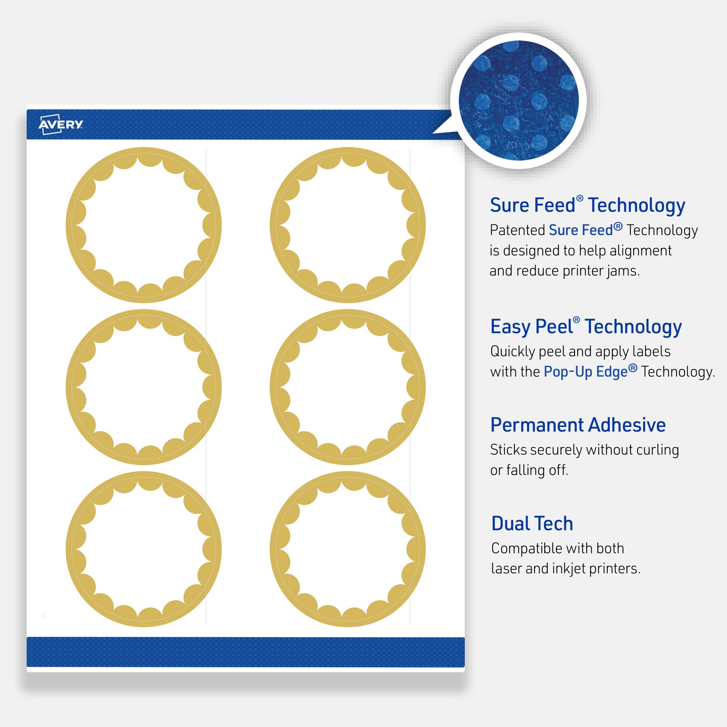 Avery Printable Round Labels, Gold Edge Dots, 3&#x22; Diameter, Matte White Round Labels, Permanent, Laser/Inkjet, 60ct, Great for Product Labels