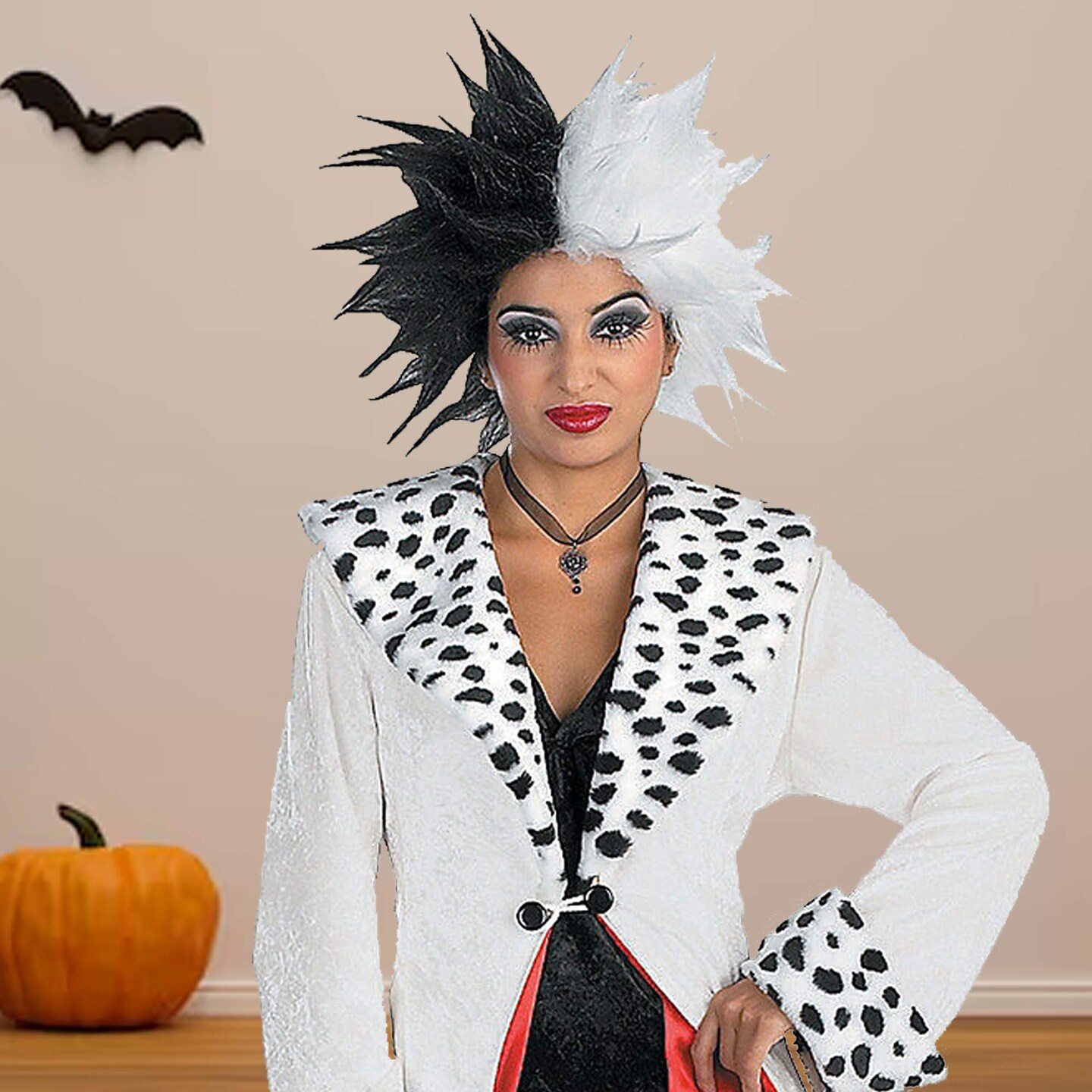 Womens Cruella De Vil Costume Soft Velvet Dress With Deluxe Spotted Coat