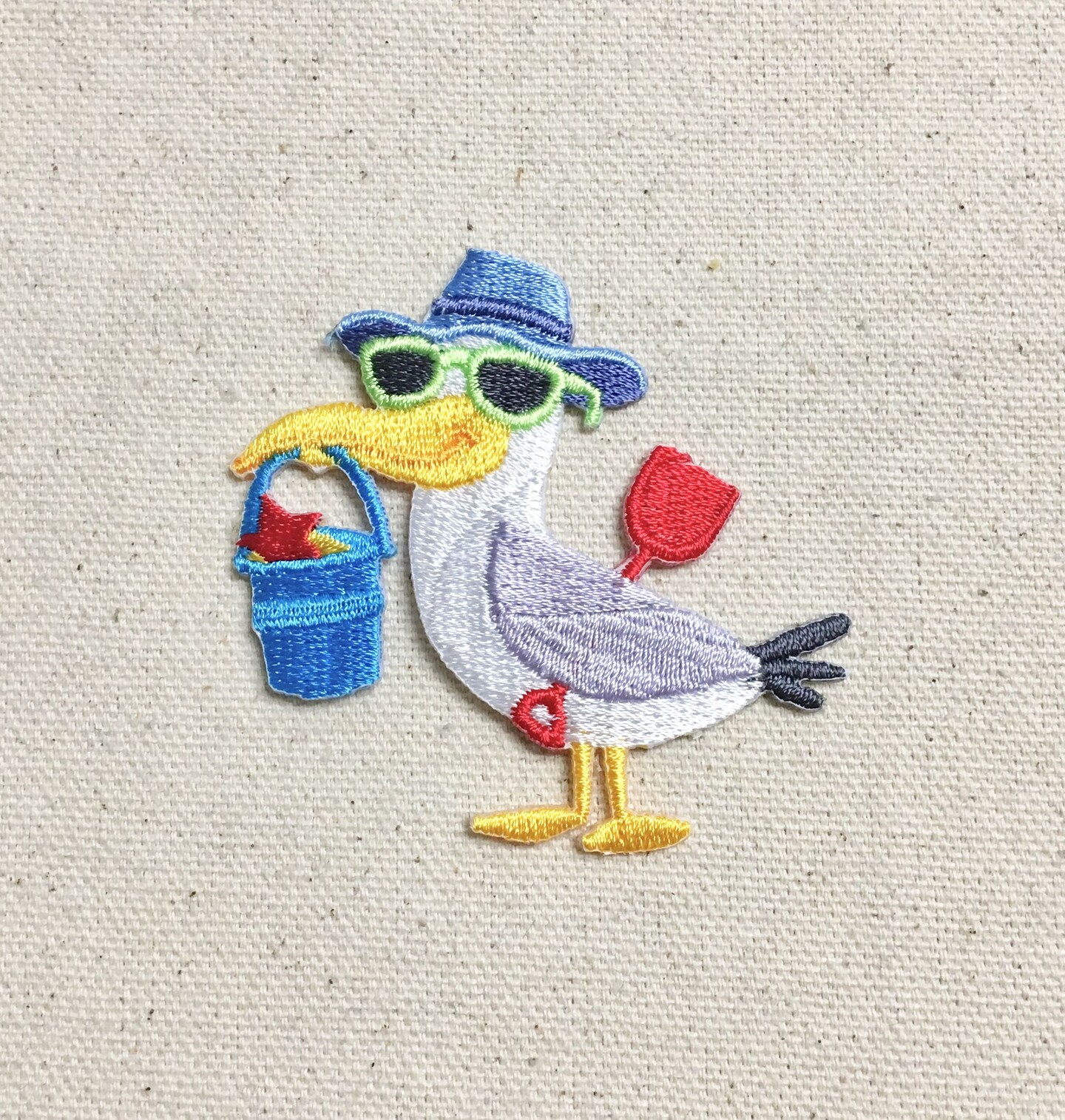 Seagull with Sand Pail, Wearing a Beach Hat Embroidered, Iron on Patch