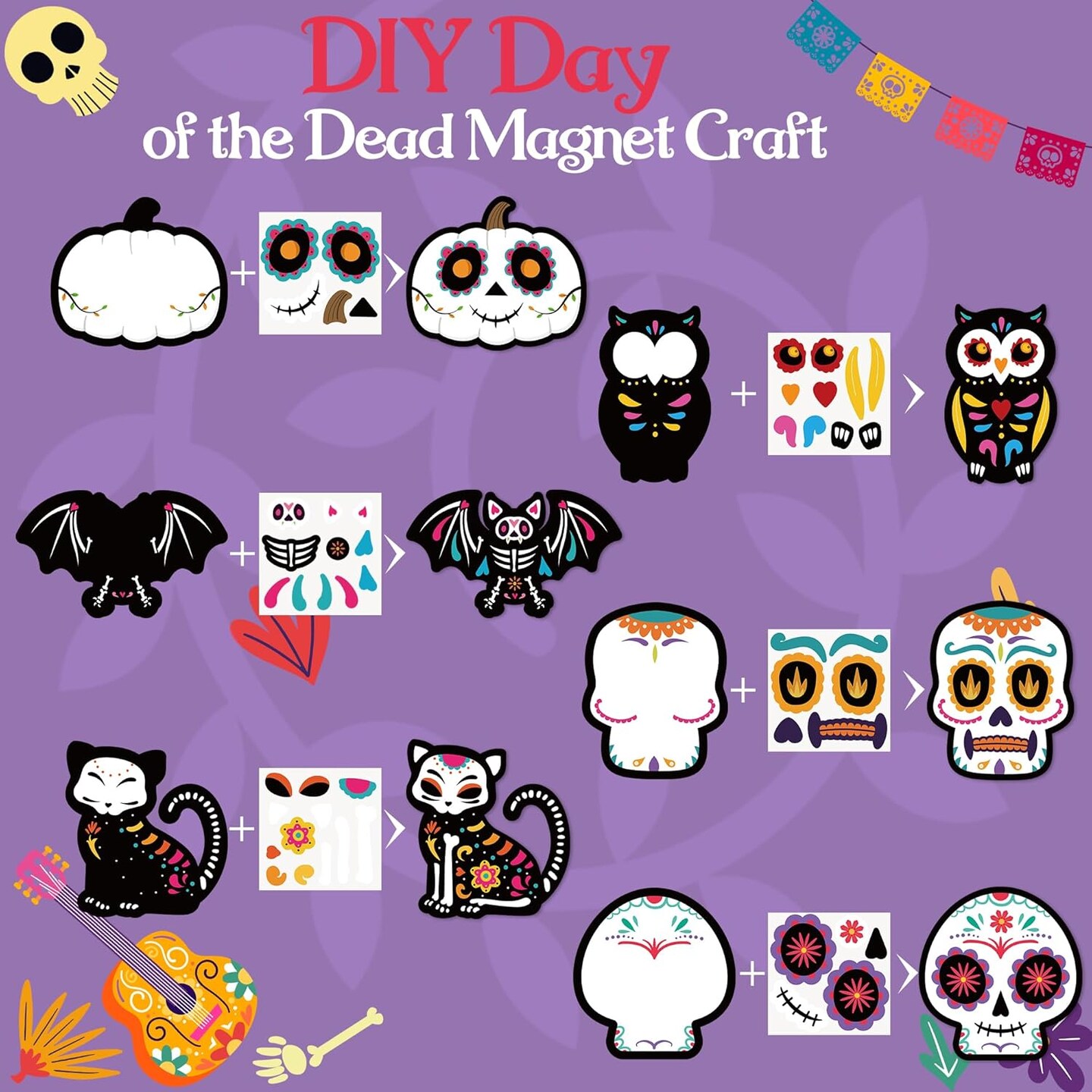 DIY Day of The Dead Magnet Craft Kit - 30 Set Make Your Own Dia de Los Muertos Sugar Skull Decoration Sticker Craft Halloween Mexican Festival Party Supply Kid Art Project Bulletin Board Decor