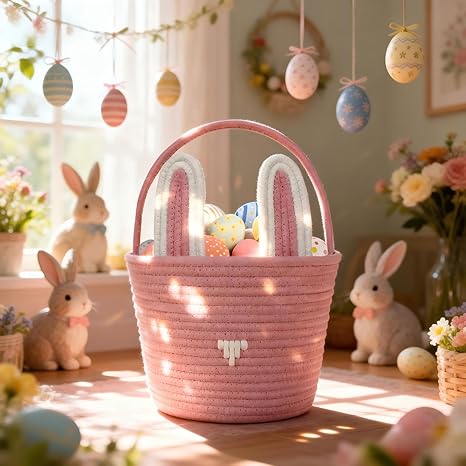Large Easter Basket with Gift Bags and Ribbons, Easter Bunny Basket for Kids, Woven Cotton Rope Gift Basket for gifting, Pink