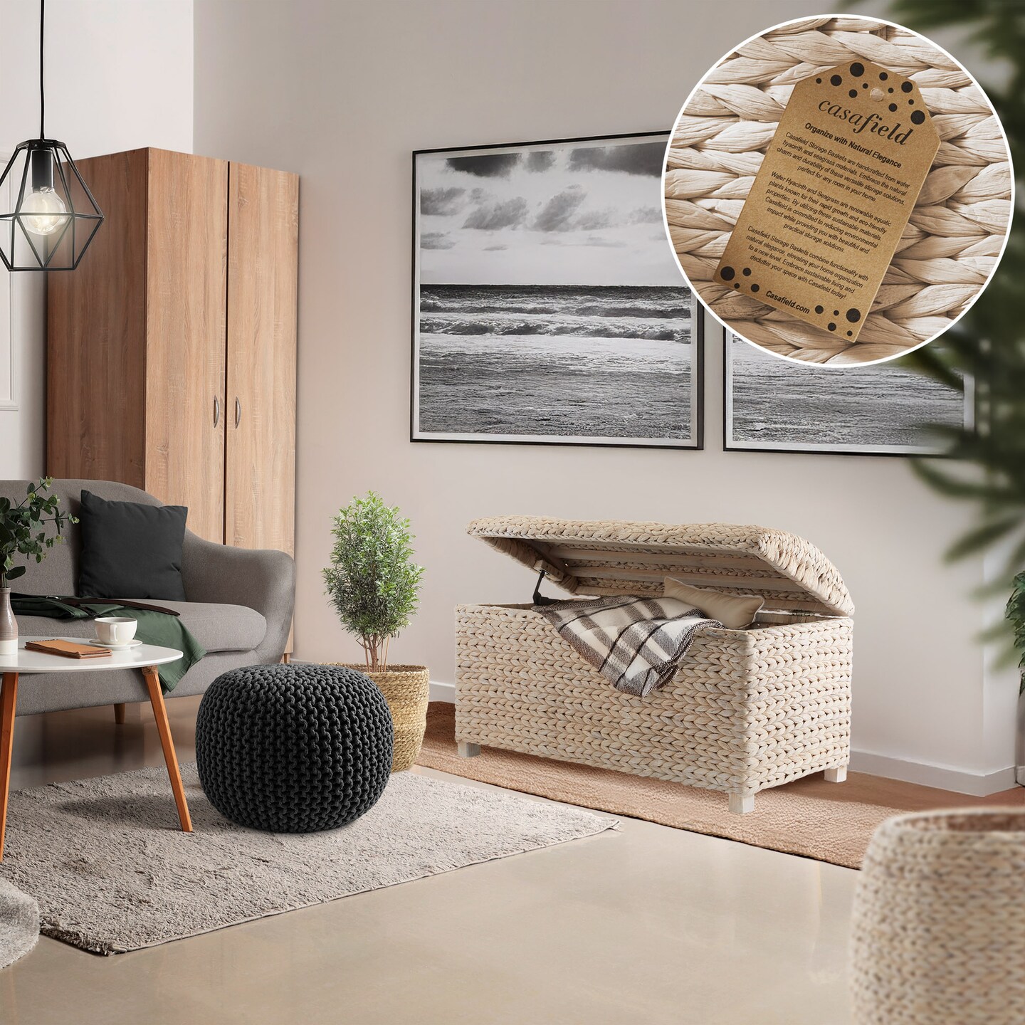 Casafield 36" Storage Trunk with Curved Lid and Safety Hinge, Water Hyacinth Wicker Storage Chest for Bedroom, Entry Way, Living Room