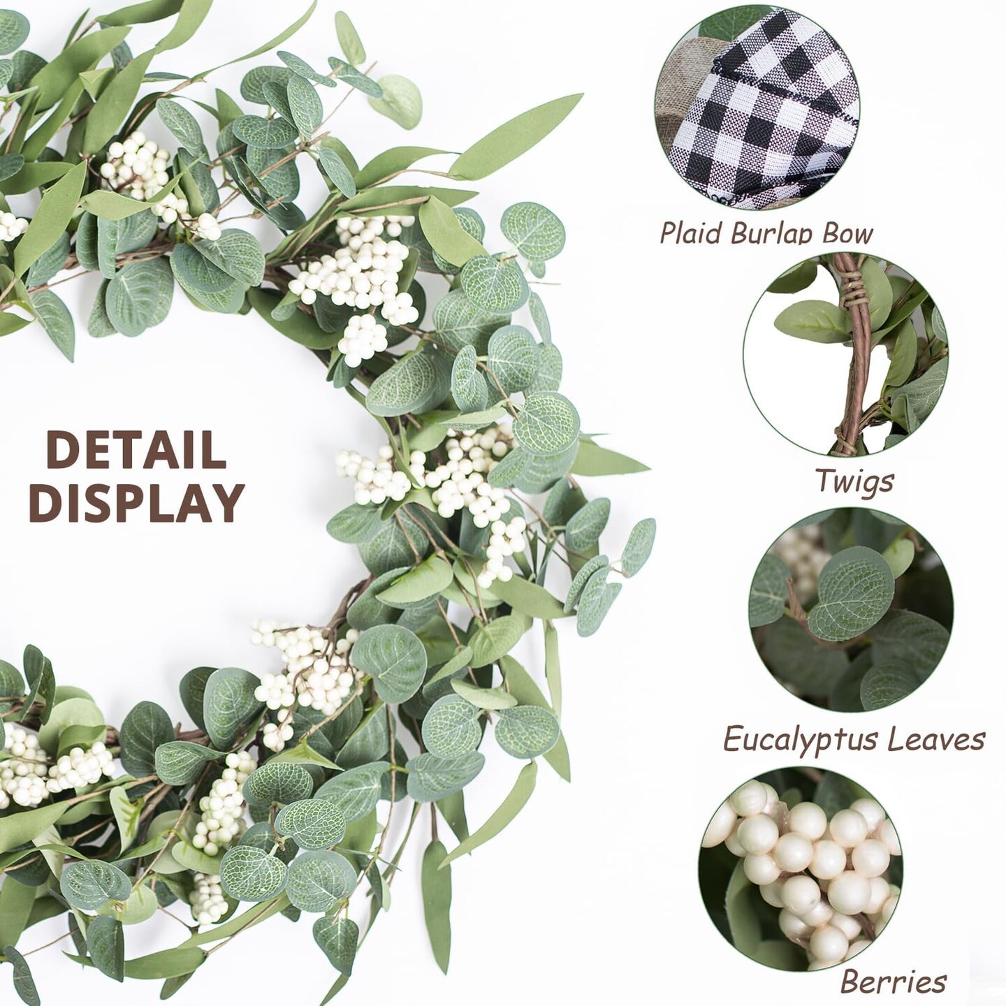 Eucalyptus Wreath for Front Door|20" Green Leaf Wreath for Window Home Porch Farmhouse Patio and Garden Indoor Outdoor Decor with Bow for Spring Summer Fall Winter
