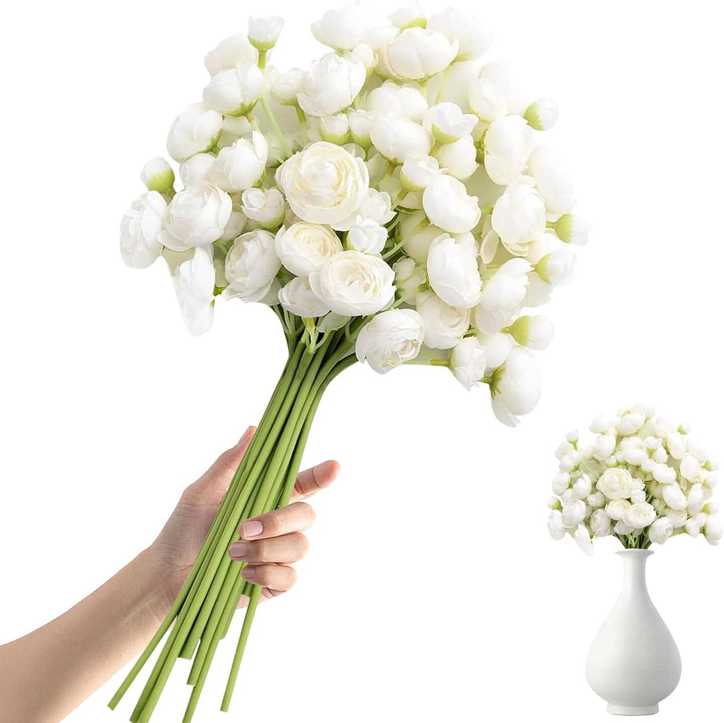 18-Piece White Artificial Ranunculus Flowers – Faux Silk Mini Flowers for DIY Bouquets, Wedding Centerpieces, Bridal Shower & Holiday Decorations