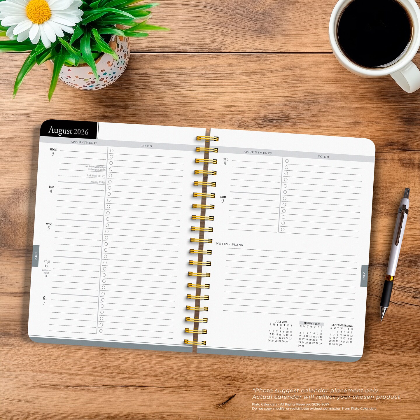 Black Solid | 2027 6 x 7.75 Inch 18 Months Weekly Desk Planner | Foil Stamped Cover | July 2026 - December 2027 | Plato | Planning Stationery