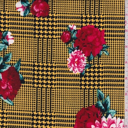 Yellow/Red Glen Plaid Floral Double Brushed Jersey Knit Fabric By the Yard