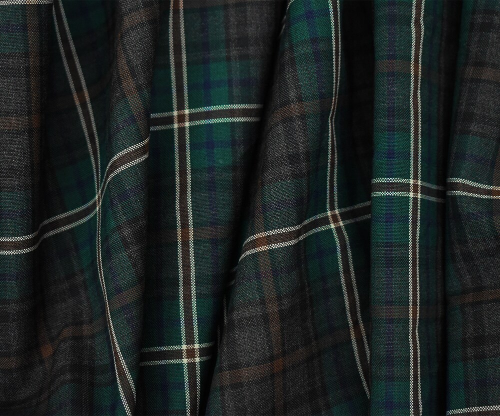 Brown-Green-Multi Wool Polyester Plaid Woven Shirting Fabric By the Yard