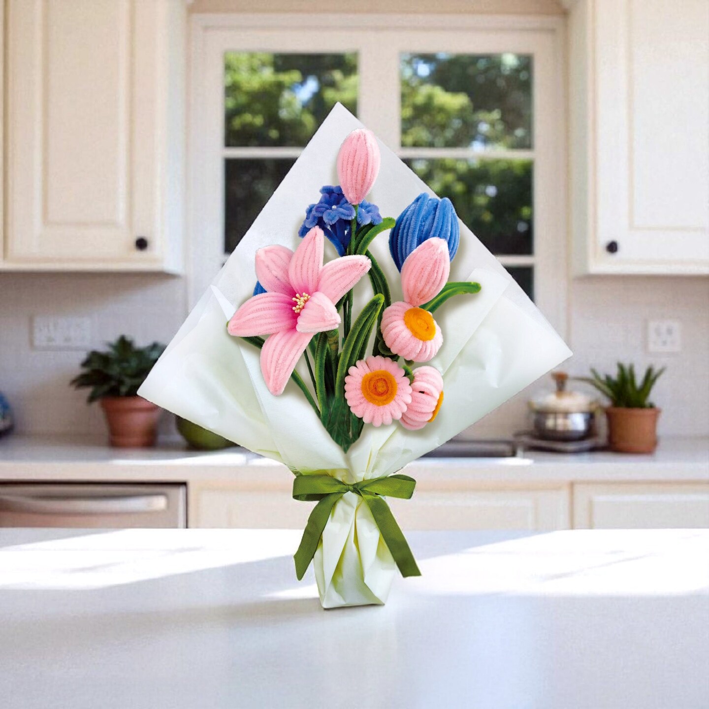 DIY Chenille Flower Bouquet Kit &#x2013; Pink &#x26; Blue Mix