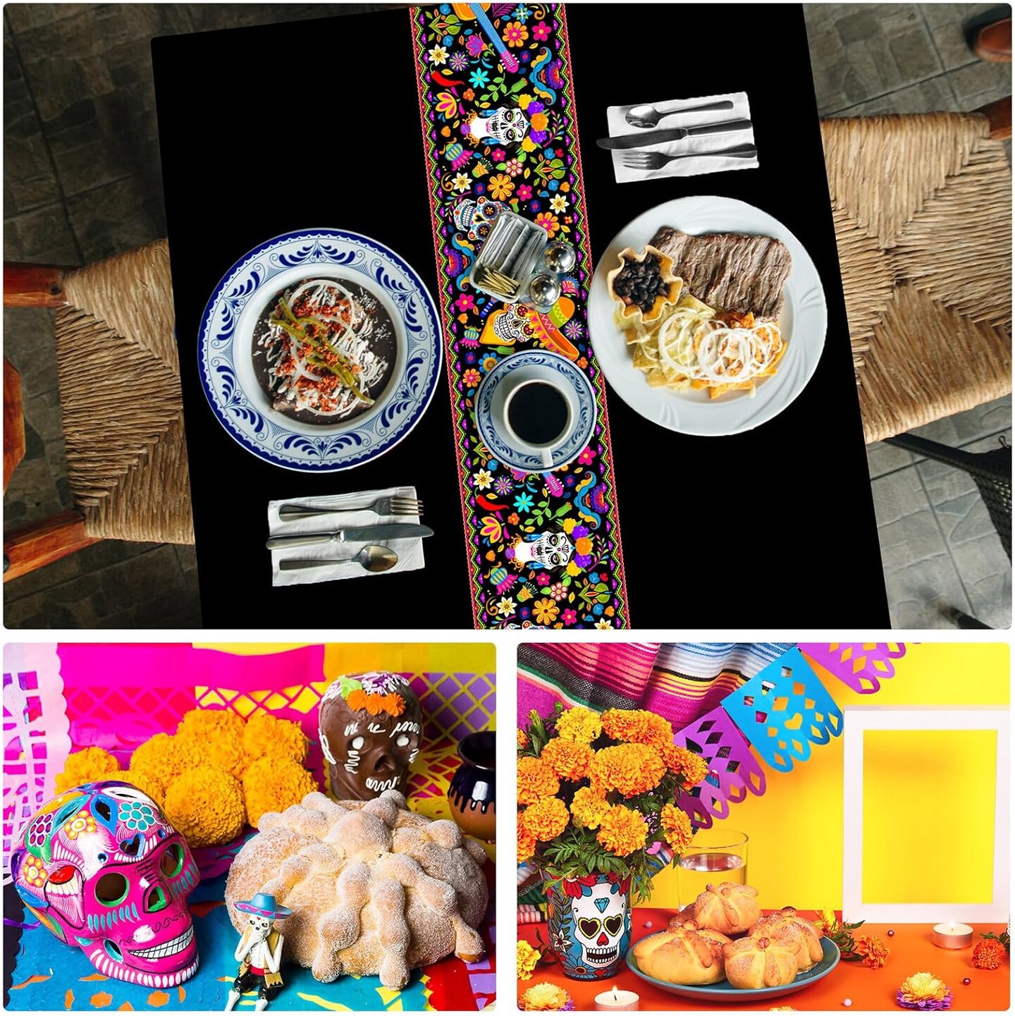 6 Pcs Day of The Dead Plastic Tablecloths 54 x 108 Inch(Black)