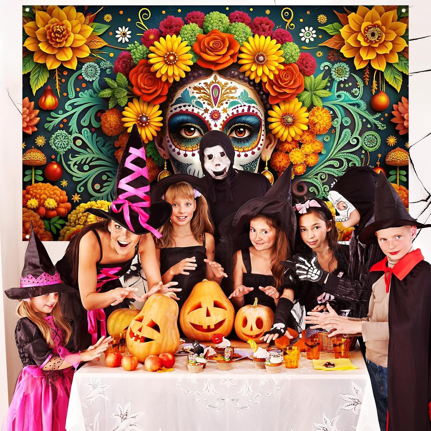 Day of The Dead Photo Backdrop Dia De Los Muertos Banner(Multicolor)71"L x 43"W