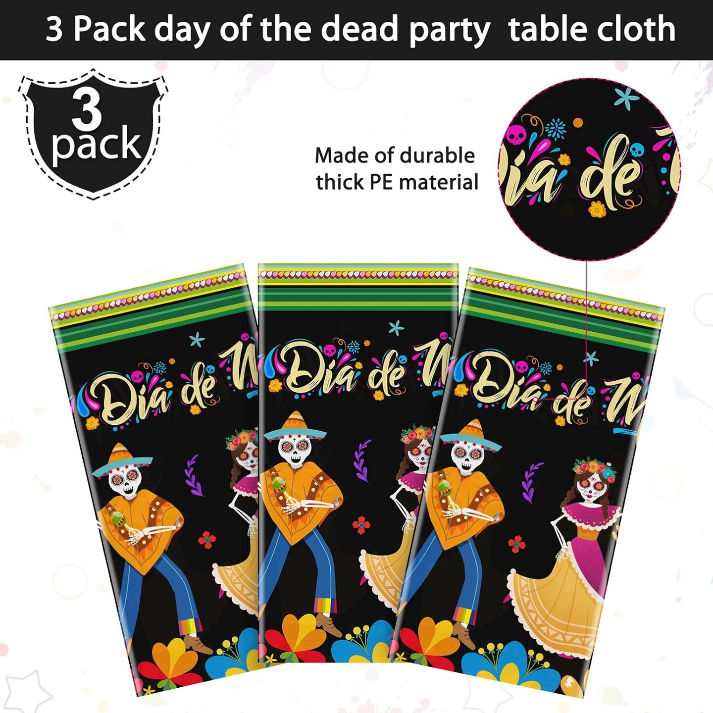 3 Pieces Day of The Dead Tablecloth Dia De Los Muertos Table Cover(14.17&#x22;L x 7.87&#x22;W)