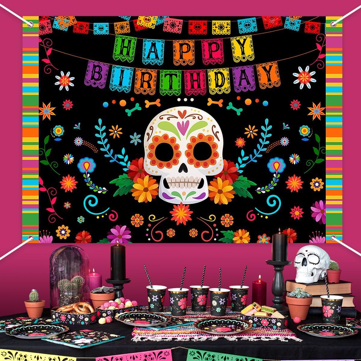 Dia De Los Muertos Sugar Skull Happy Birthday Background Decoration(Multicolor)