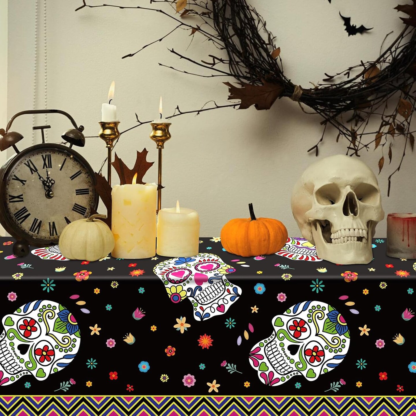3 Pcs Day of The Dead Tablecloths Dia De Los Muertos Table Covers(Day of the Dead)108"L x 54"W