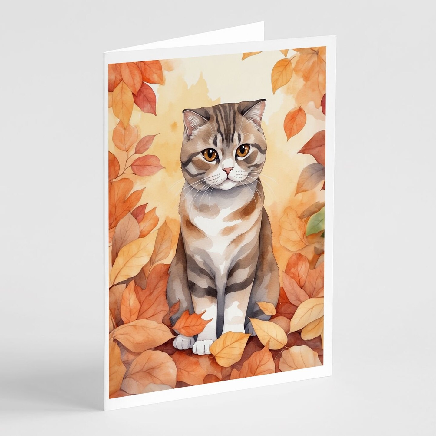 Edge Collections - 5" x 7" - Multicolor - Scottish Fold Cat Fall Leaves Greeting Cards - 8 Pieces