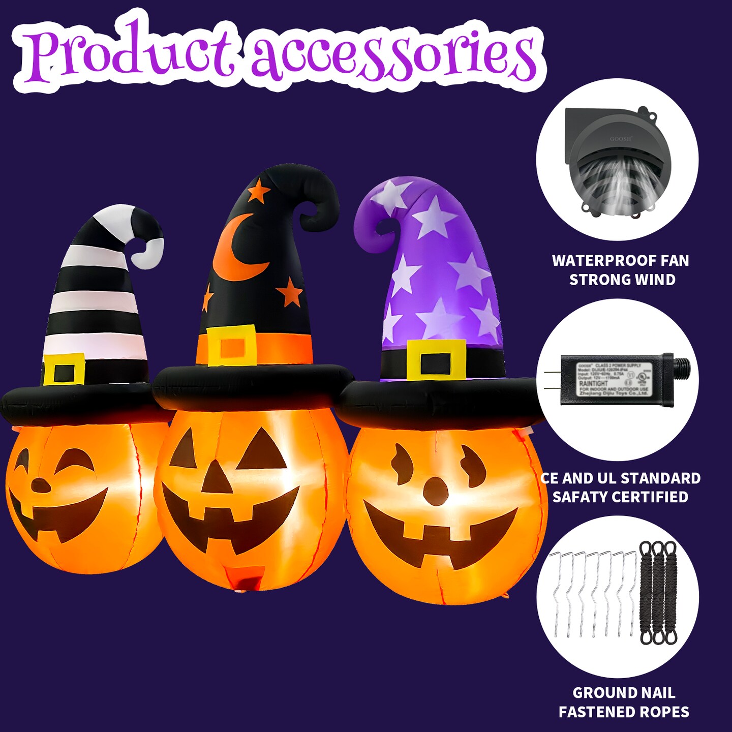 GOOSH 6FT Inflatable Trio of Pumpkins with Witch Hats &#x2013; Light-Up Halloween Yard Decoration