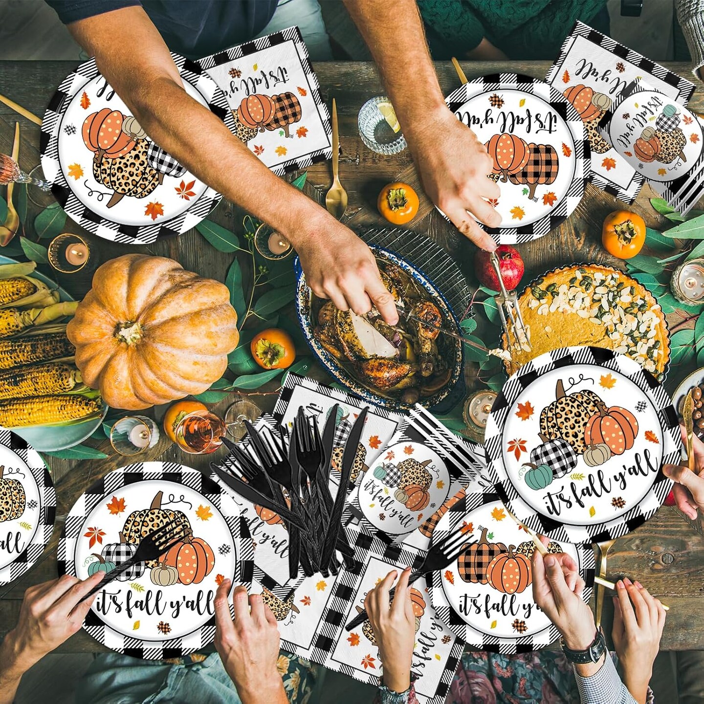 Black White Buffalo Plaid Pumpkins Fall Plaid Paper Plates (Black, White)