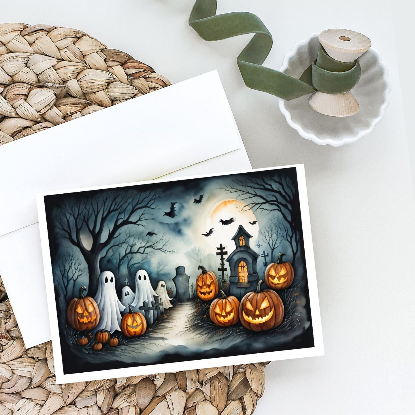 Edge Collections - 5" x 7" - Multicolor - Ghosts Spooky Halloween Greeting Cards - 8 Pieces