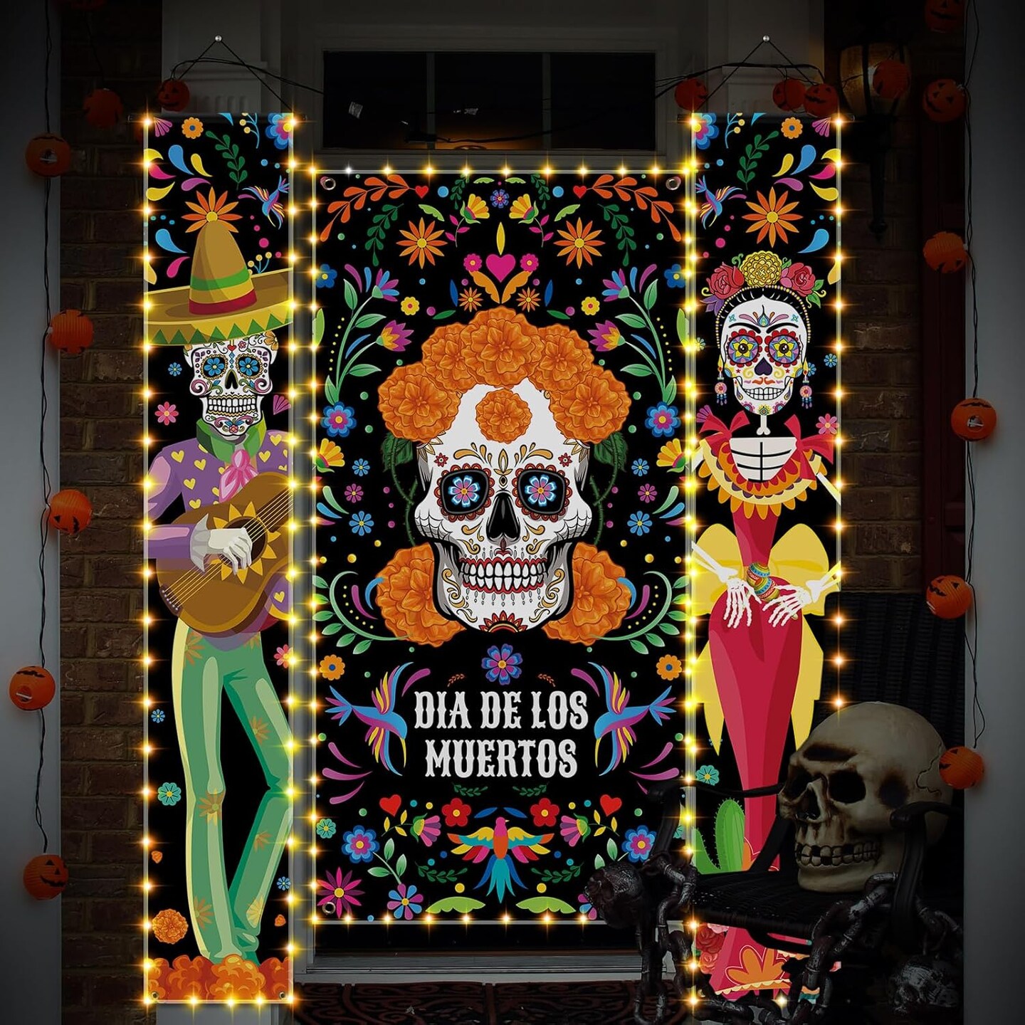 3 Pcs Lighted Day of the Dead Porch Sign Banner (Halloween) 12&#x22;L x 7&#x22;W