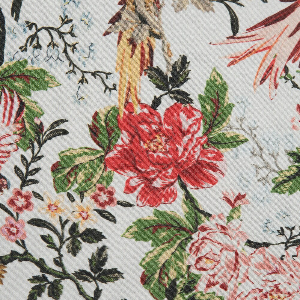 1 Yard Stretch Cotton Sateen Parrots Play Amongst Flowers Print Fabric