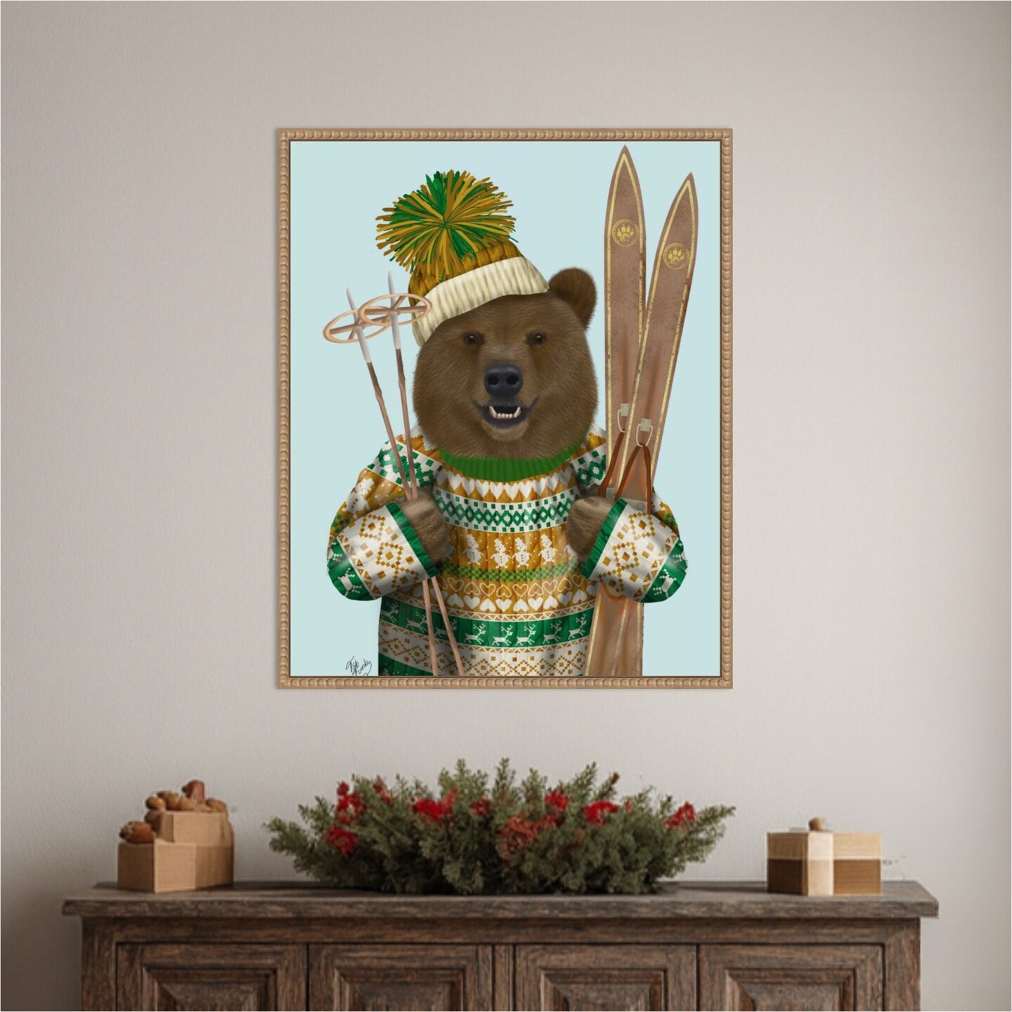 Bear in Christmas Sweater by Fab Funky 23-in. W x 28-in. H. Canvas Wall Art Print Framed