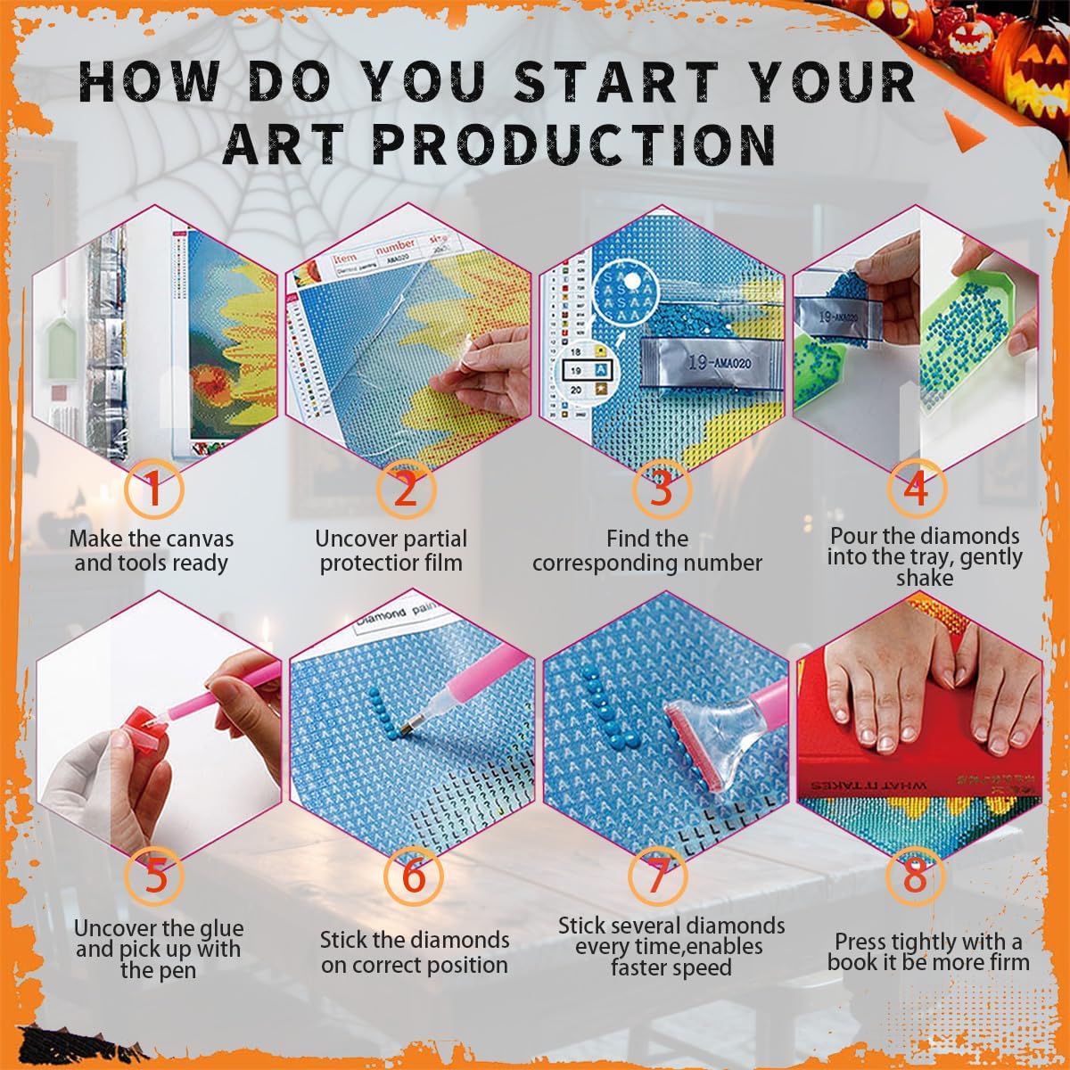 Diamond Painting Kit – Ghost on Pumpkin Head Halloween Spooky Art, 5D DIY Full Drill Round Diamonds with Tools, Holiday Craft Gift for Women & Men