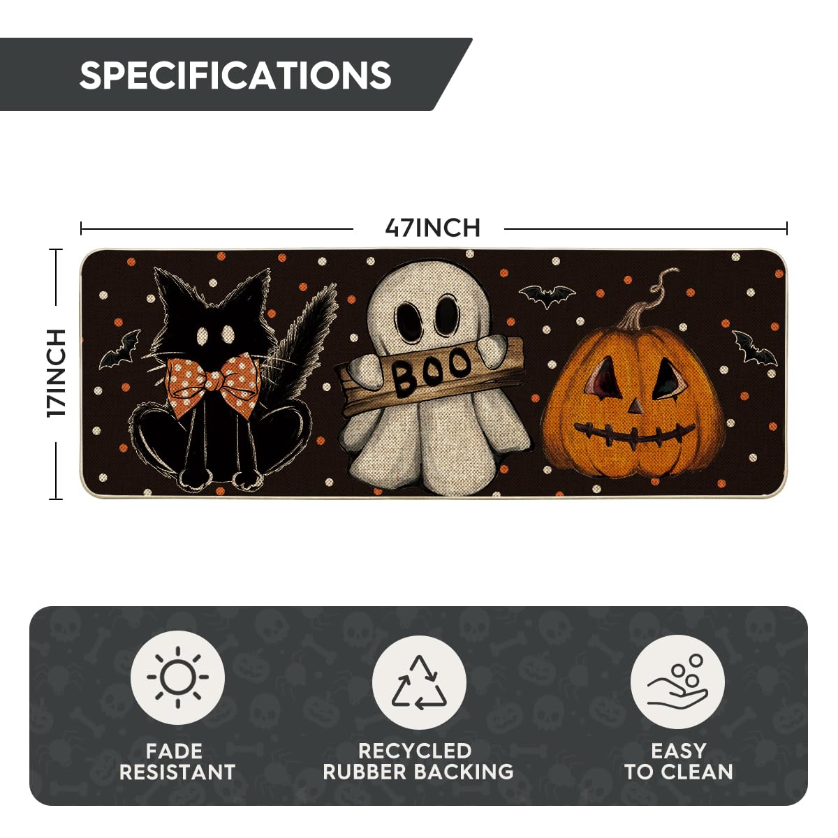 Artoid Mode Black Cat Jack-O&#x27;-Lantern Ghost Pumpkins Halloween Doormat, Seasonal Low-Profile Floor Switch Mat for Indoor Outdoor 17x47 Inch