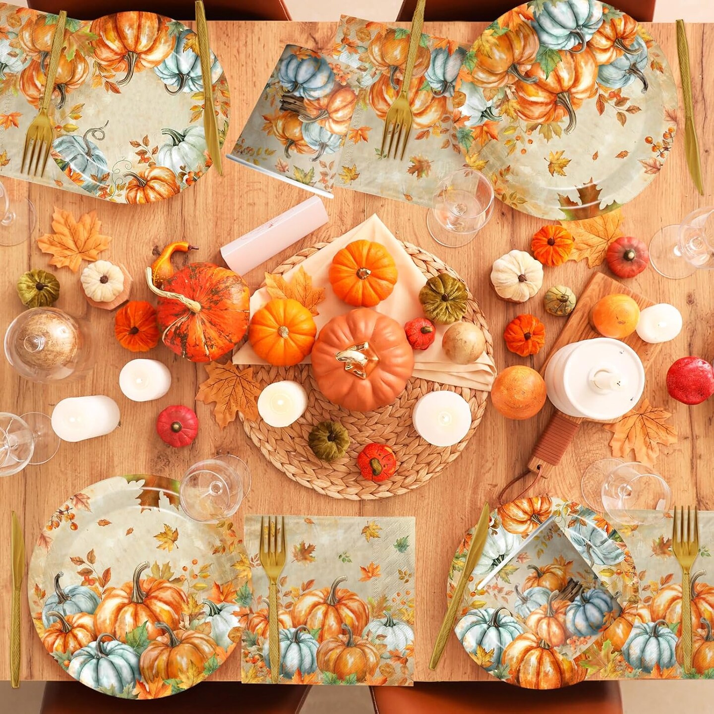 144pcs Serves 24 - Thanksgiving Paper Plates and Napkins Sets,144pcs Watercolor Retro Pumpkin(Retro)9&#x22;L x 0.04&#x22;W x 9&#x22;Th