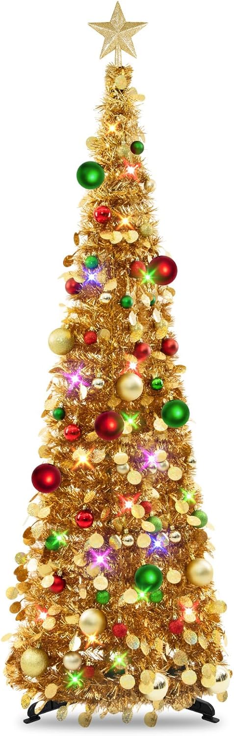 Pop Up Christmas Tree with Lights & 30 Balls(Champagne)13.38"D x 11.81"W x 2.75"H