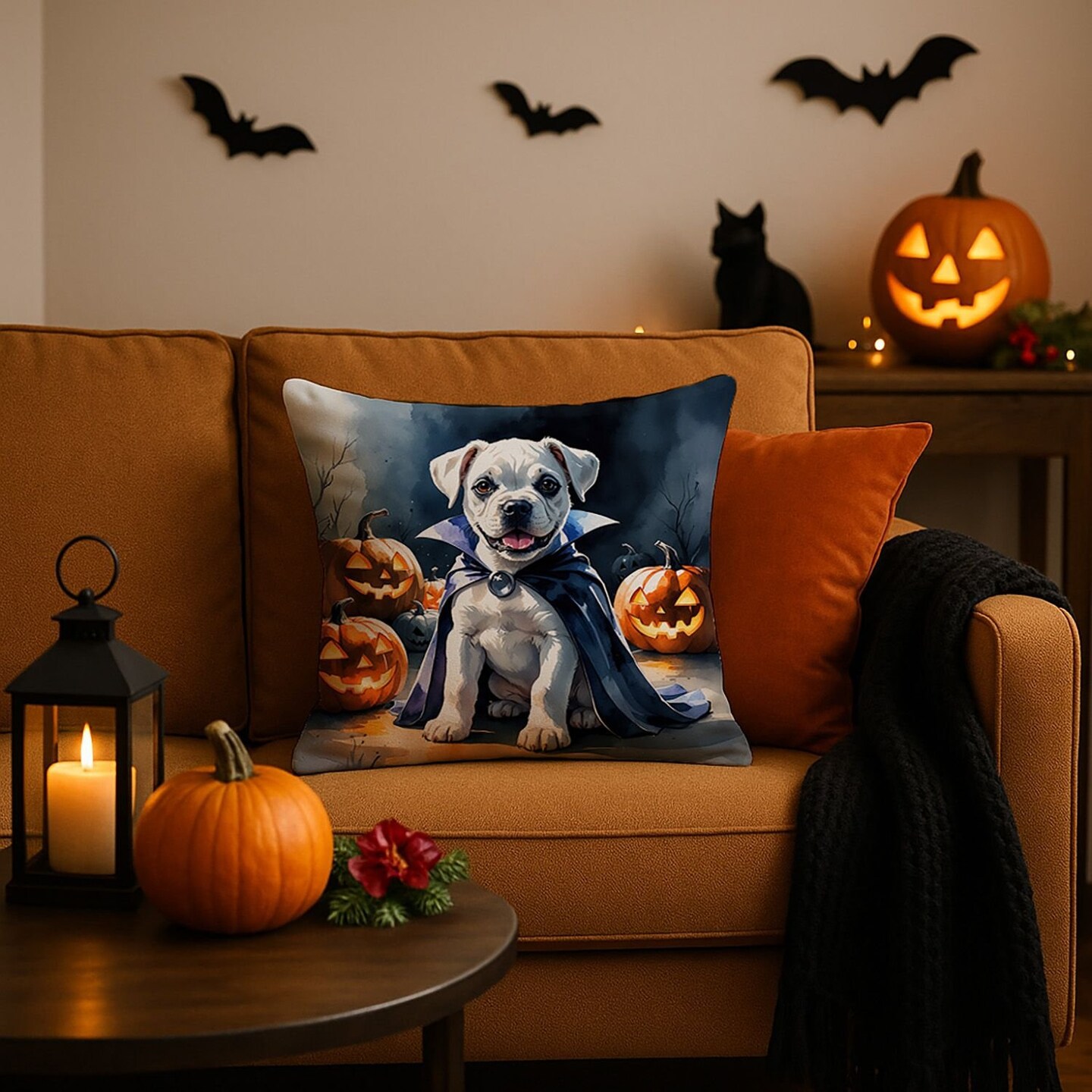 Edge Collections - 18" x 18" - Multicolor - White Boxer Puppy Halloween Throw Pillow , Machine Washable - 1 Piece