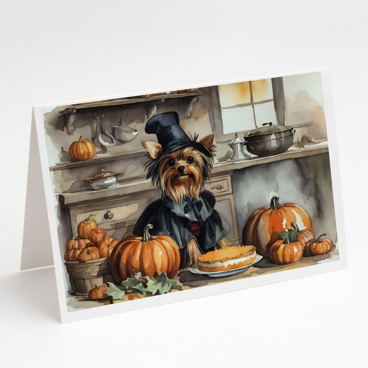 Edge Collections - 5" x 7" - Multicolor - Yorkshire Terrier Fall Kitchen Pumpkins Greeting Cards with Envelopes - 8 Pieces
