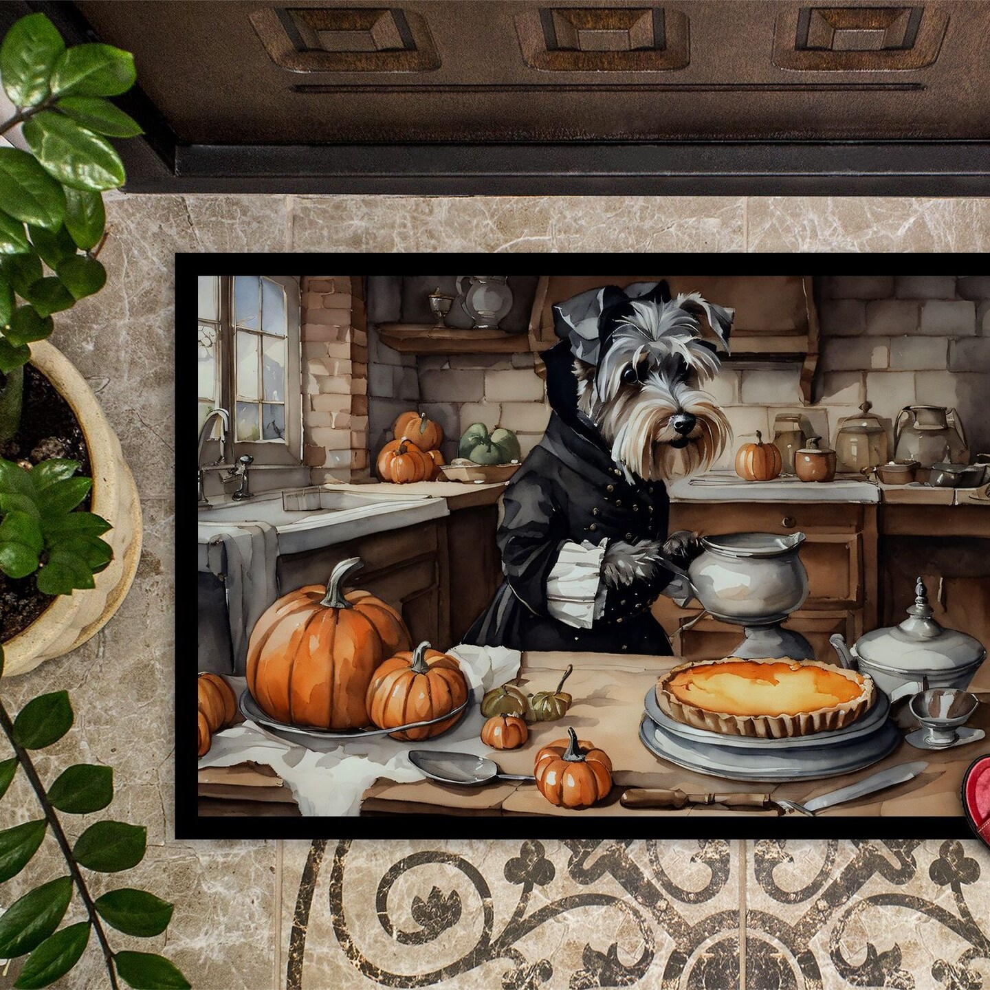 Edge Collections - 18&#x22; x 27&#x22; - Multicolor - Schnauzer Fall Kitchen Pumpkins Doormat Non Slip Washable Rug - 1 Piece