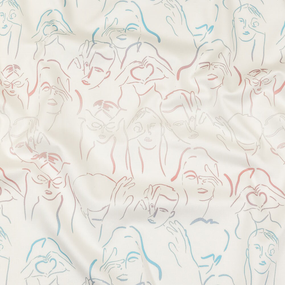 1 Yard Stretch Cotton Sateen Pink White and Blue Faces and Hands Language of Love Print Fabric