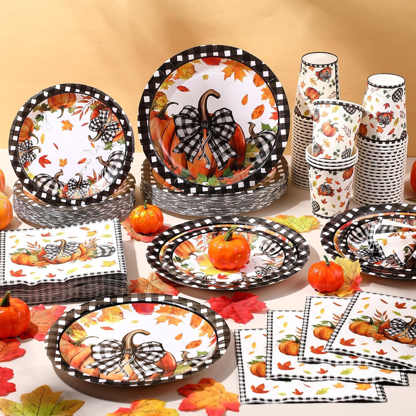 250 Pcs Pumpkin Thanksgiving Paper Plates and Napkins Party Supplies (Orange and Black)