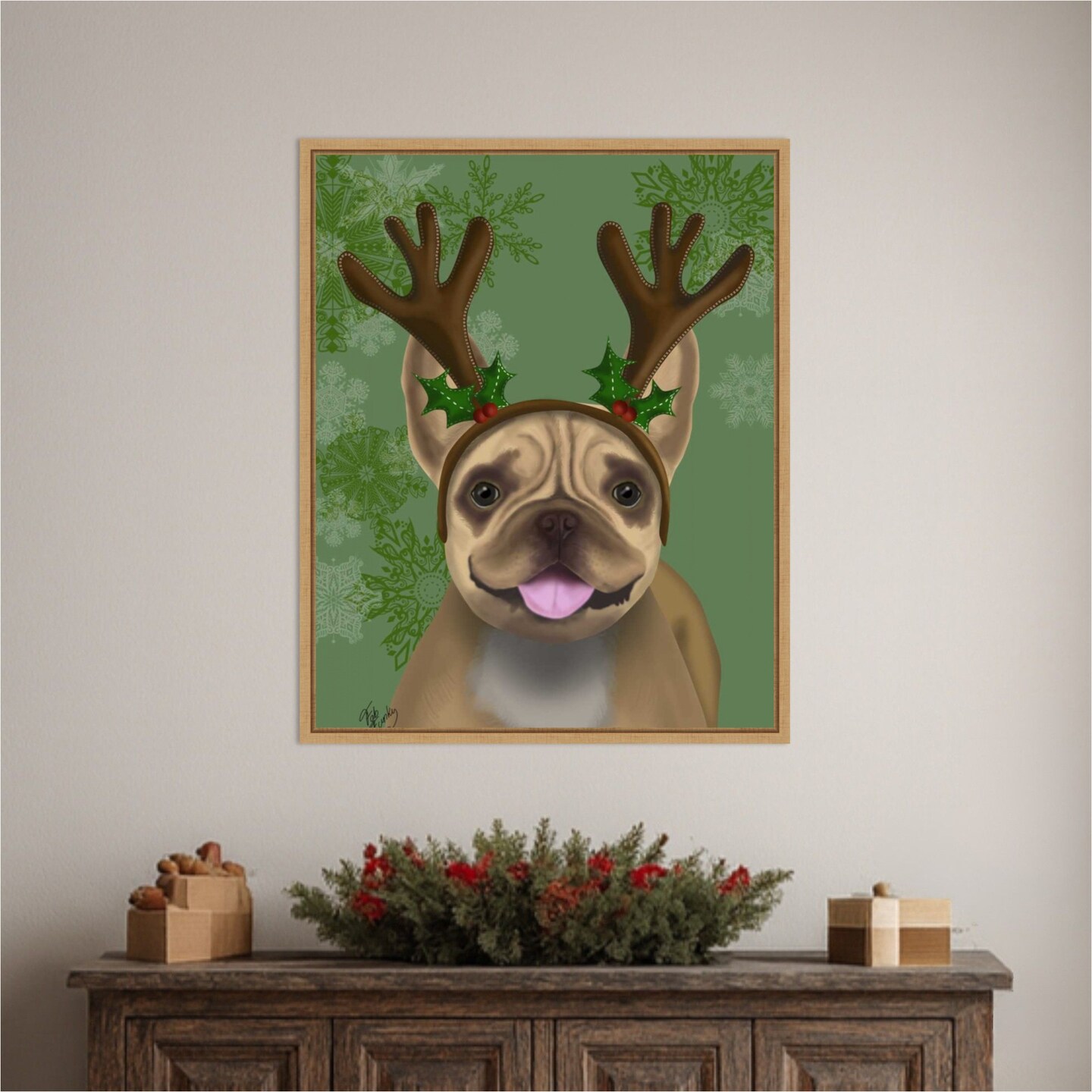 French Bulldog Antlers 1 by Fab Funky 23-in. W x 28-in. H. Canvas Wall Art Print Framed
