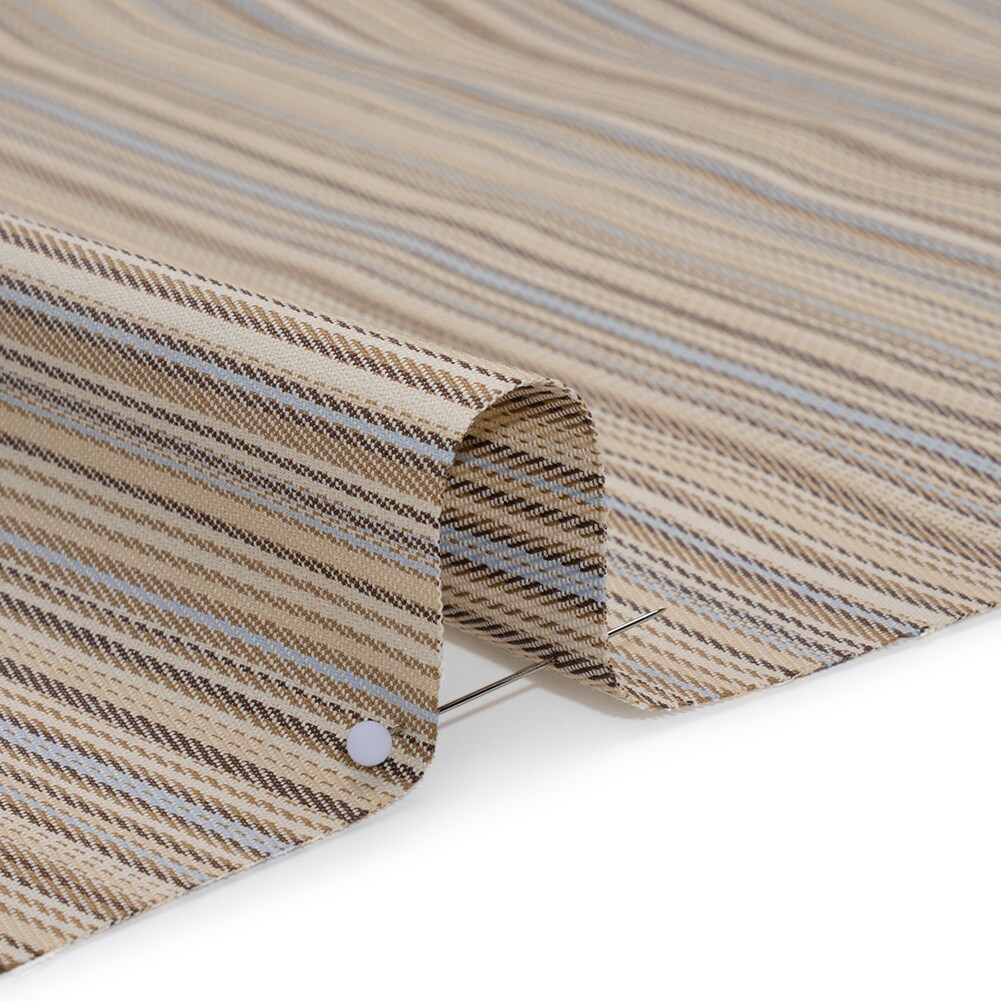 1 Yard Tan Light Blue and Dark Brown Barcode Stripes Stretch Cotton Twill 56 inch Width
