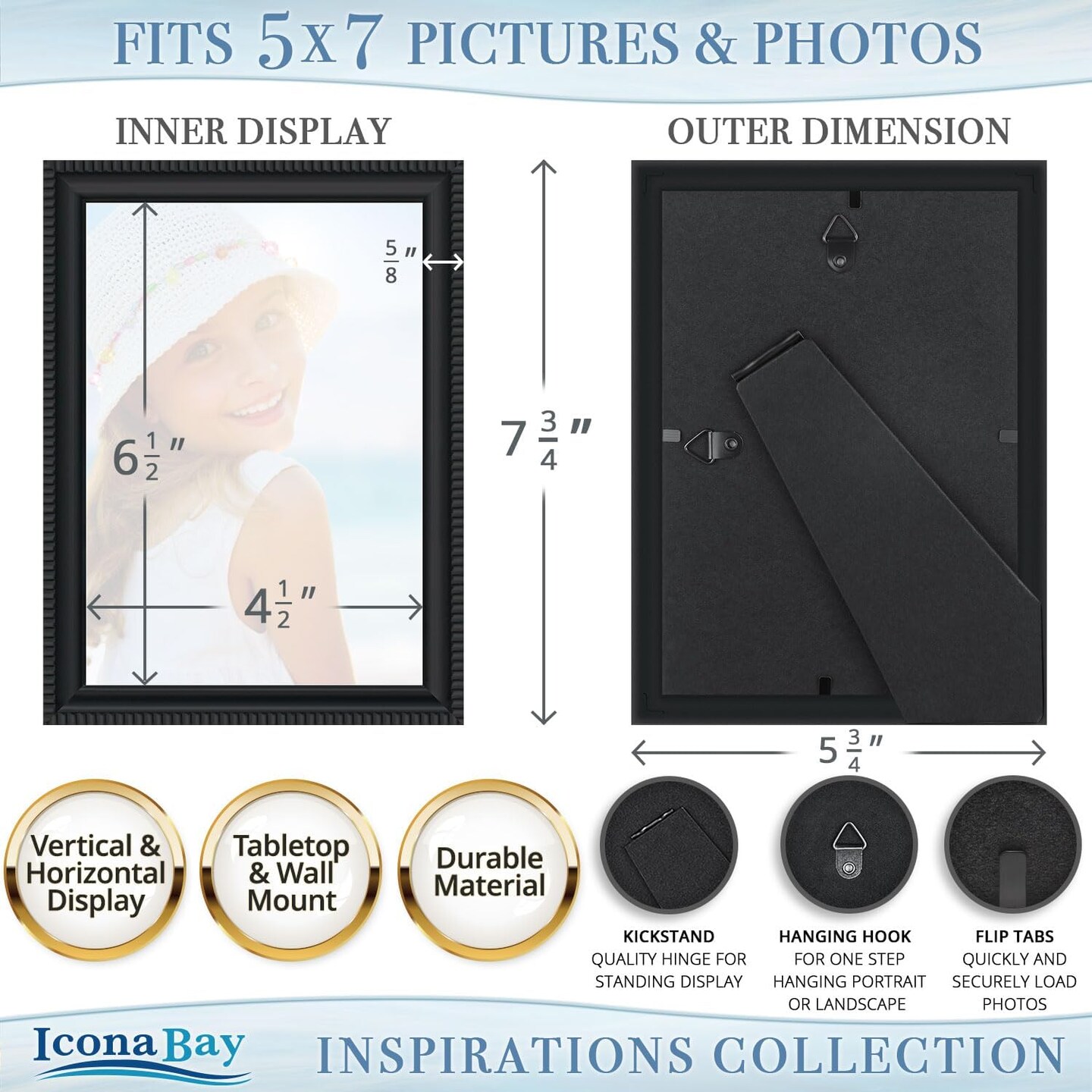 5x7 Picture Frames (Black, 12 Pack), Beautifully Detailed Molding, Contemporary Picture Frame Set, Wall Mount or Table Top, Inspirations Collection