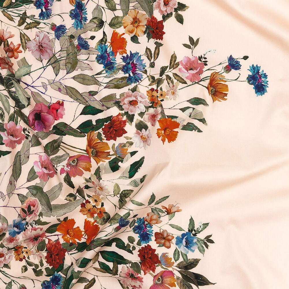 1 Yard Pink and Multicolor Floral Border Stretch Cotton Sateen Fabric