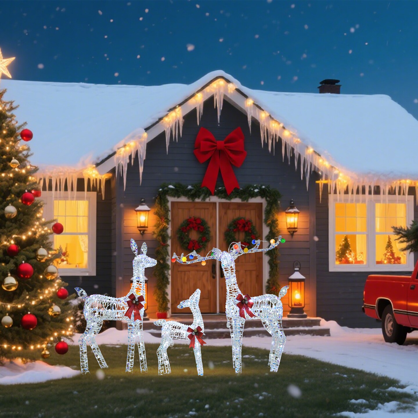 PVC Iridescent Striped Braided Reindeer Set of 3 With LED Lights Holiday Decoration 52 Inch 46 Inch &#x26; 29 Inch